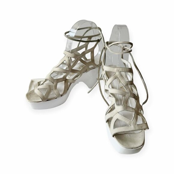 Vintage 80s Roger Vivier Caged Sandals on Platform Wedge, Off White Nubuk - Picture 6 of 16
